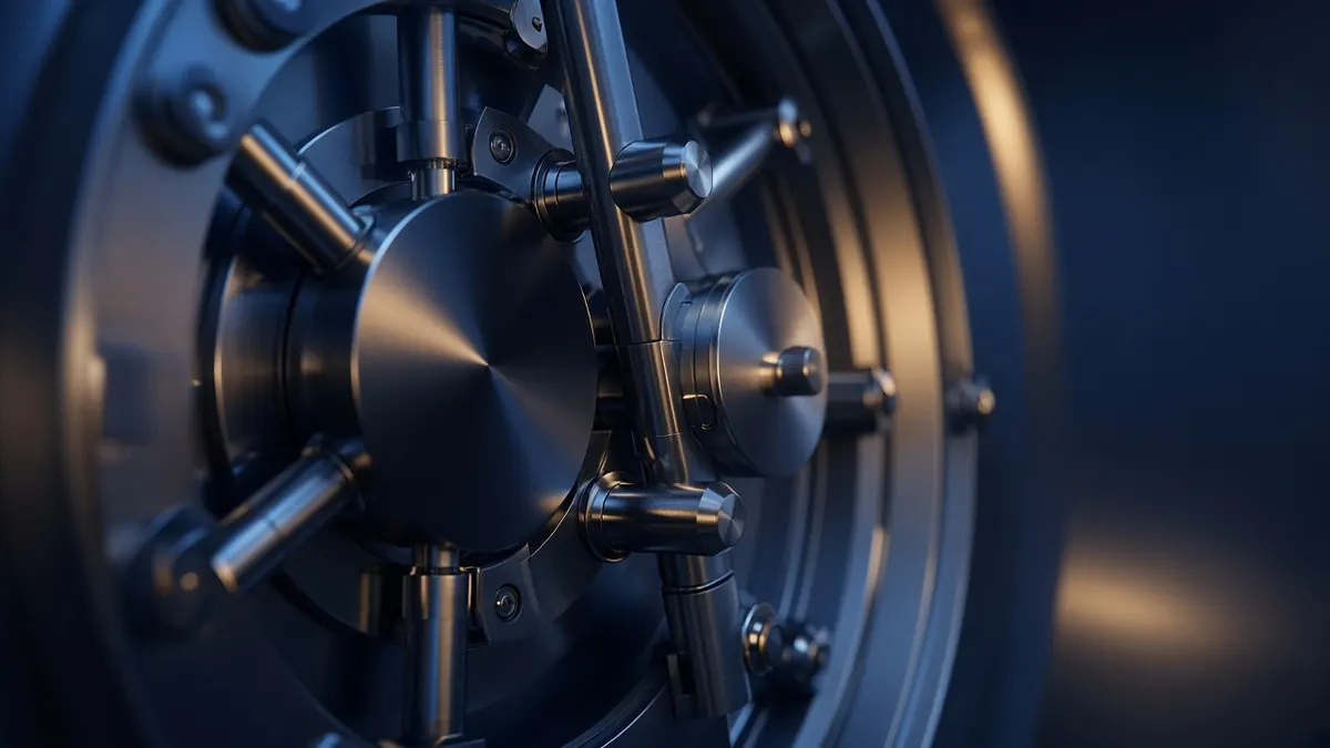 Close-up of a steel vault door locking mechanism